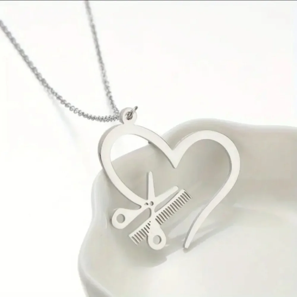 Hairdresser Salon Tools Scissor & Comb Heart Pendant‎ Hairstylist Salon Necklace